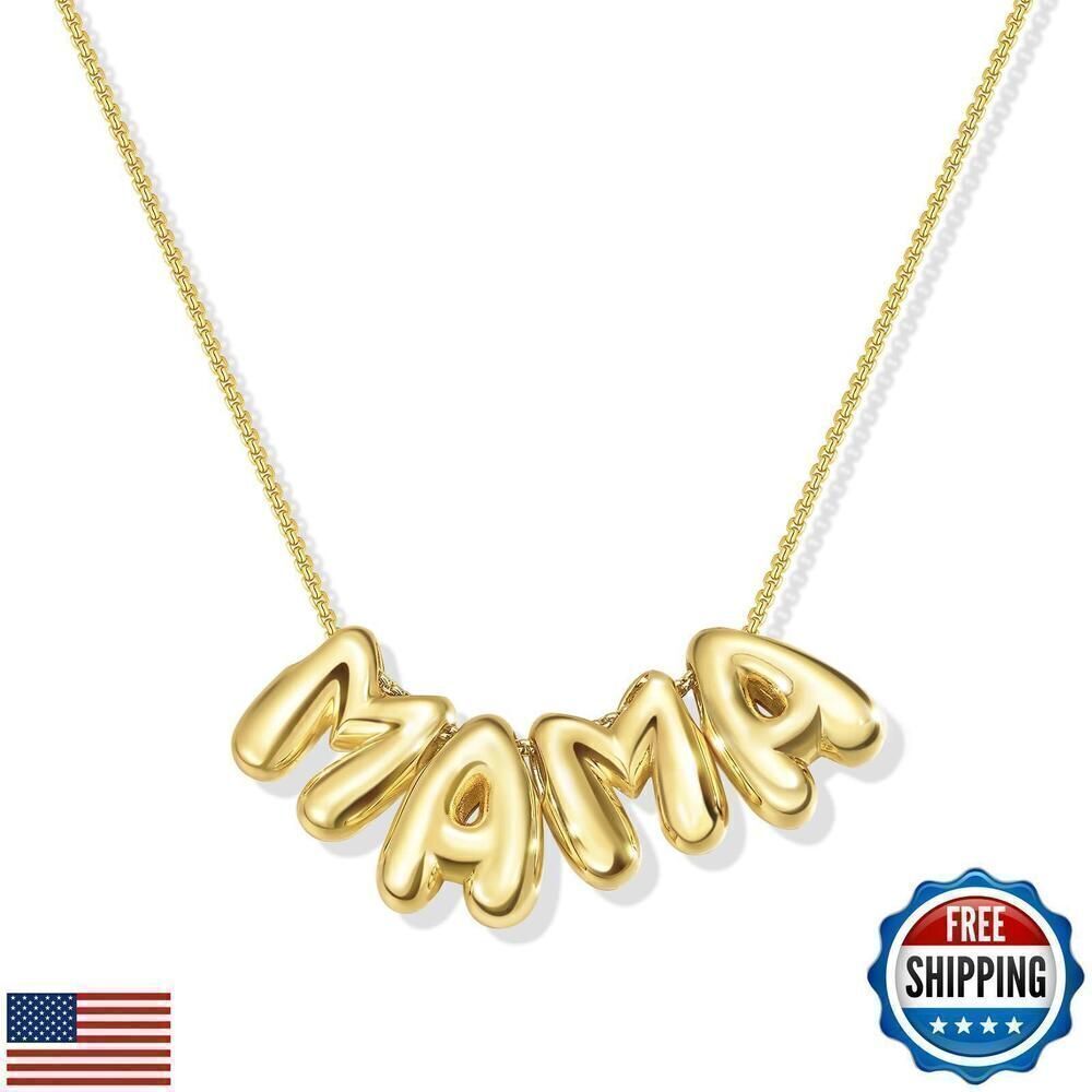 Mama Balloon Print Necklace Women 14K Gold Plated Pendant